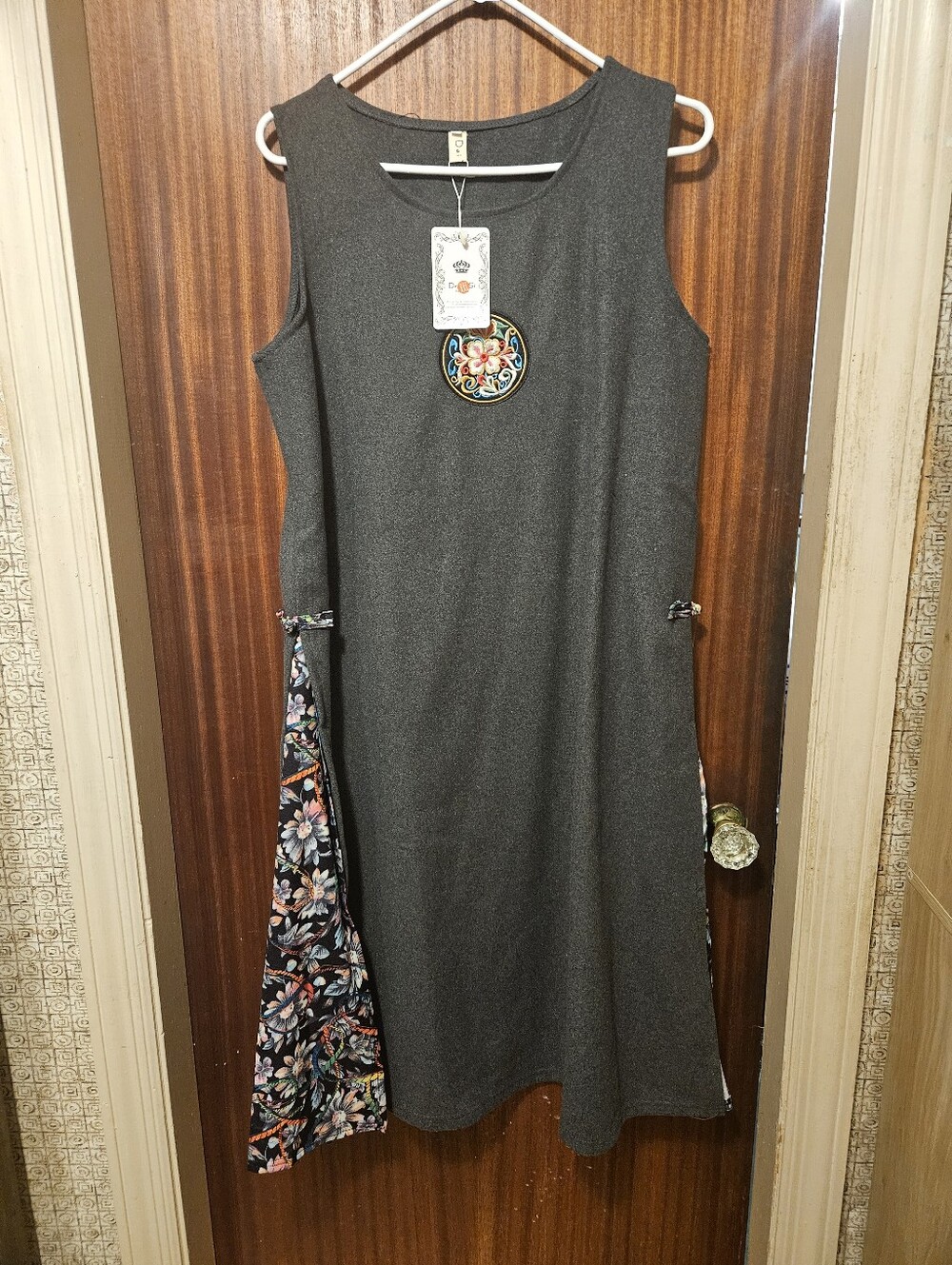 Grey Tunic Dress with Flower Emboidery and Flower Fabric Panels